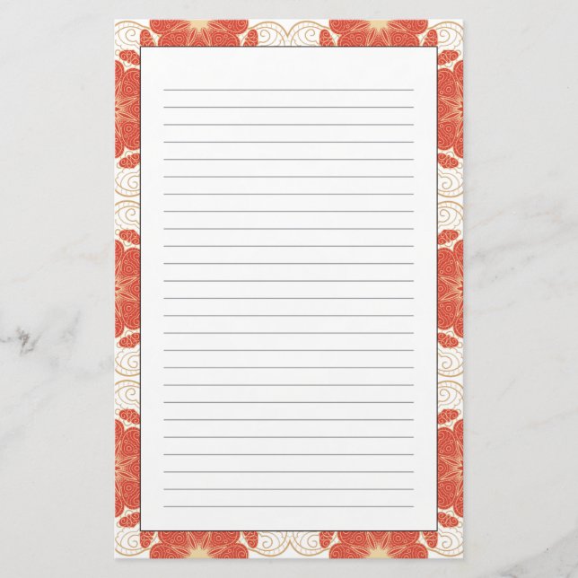 Red And Gold Floral Lace Pattern Stationery (Front)