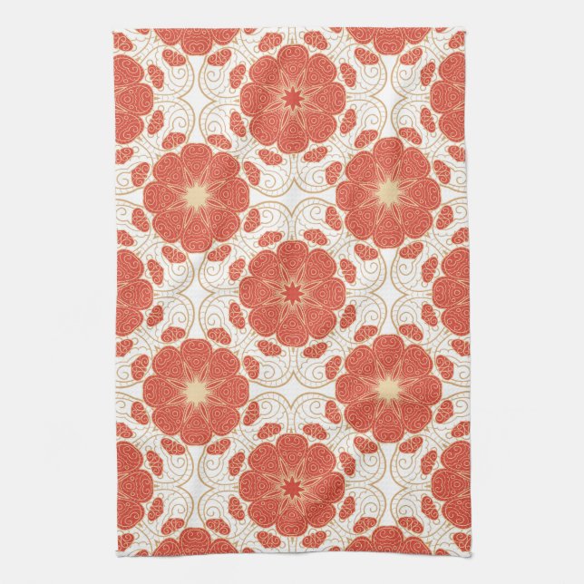 Red And Gold Floral Lace Pattern Tea Towel (Vertical)