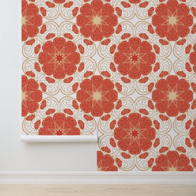 Red And Gold Floral Lace Pattern Wallpaper (Application)