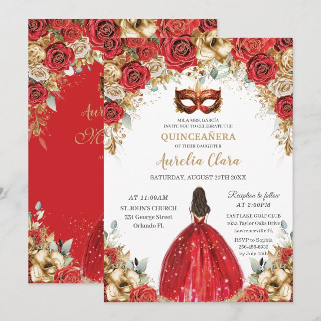 Red and Gold Floral Masquerade Ball Quinceañera Invitation (Front/Back)