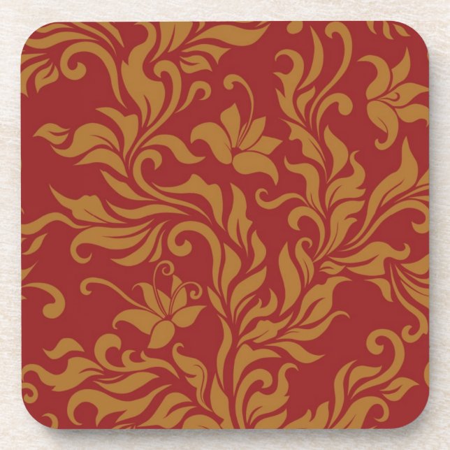 Red and Gold Floral Pattern Coaster (Front)
