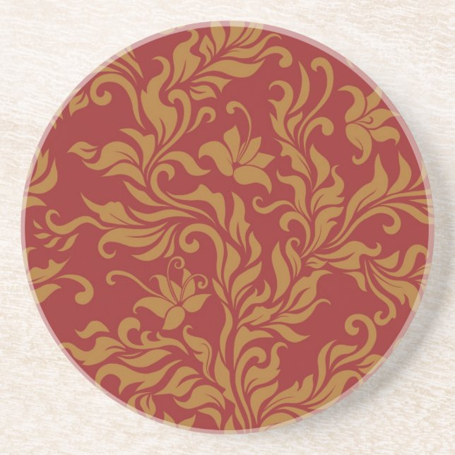 Red and Gold Floral Pattern Coaster (Front)