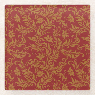 Red and Gold Floral Pattern Glass Coaster