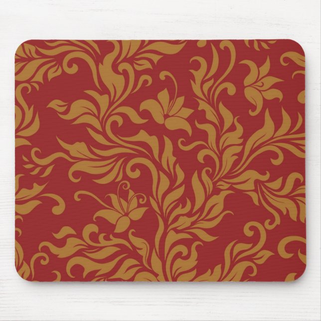 Red and Gold Floral Pattern Mouse Mat (Front)