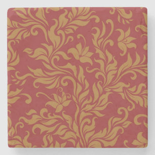 Red and Gold Floral Pattern Stone Coaster