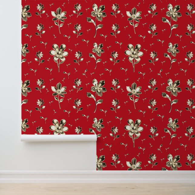 Red And Gold Floral Pattern Wallpaper (Application)