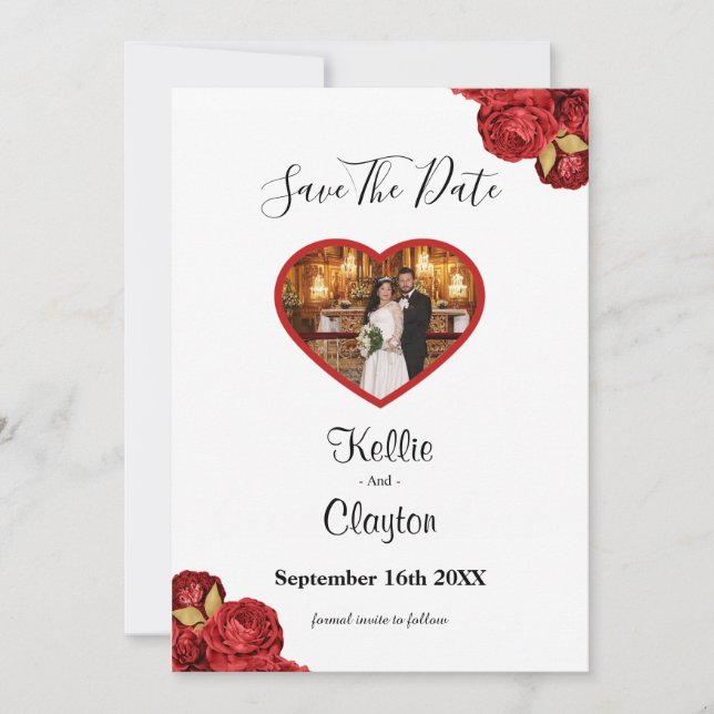 Red And Gold Floral Photo Save The Date (Front)