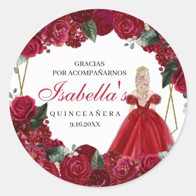  Red and Gold Floral Quinceanera Classic Round Sti Classic Round Sticker (Front)