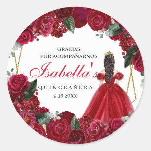 Red and Gold Floral Quinceanera Classic Round Sti Sticker