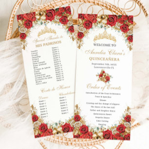 Red and Gold Floral Quinceanera Order of Events Programme