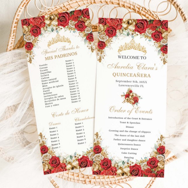 Red and Gold Floral Quinceanera Order of Events Programme (Creator Uploaded)
