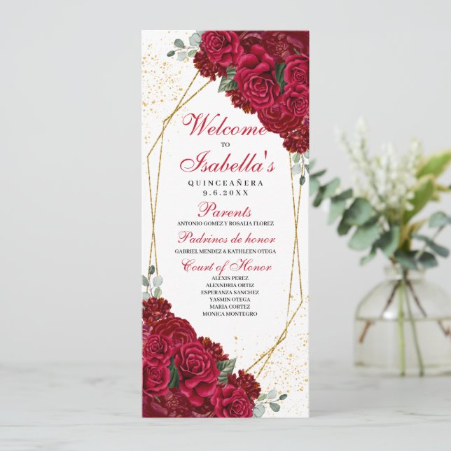 Red and Gold Floral Quinceanera Program Invitation (Standing Front)