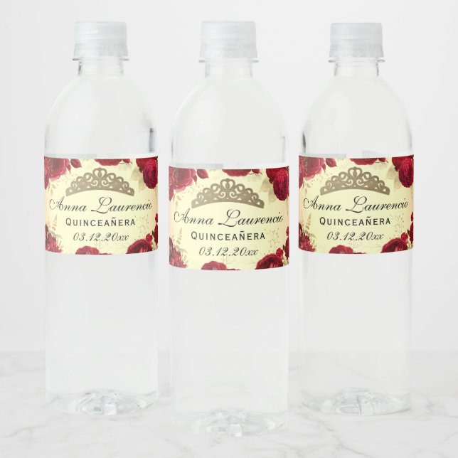 Red And Gold Floral Quinceanera Water Bottle Label (Bottles)