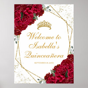 Red and Gold Floral Quinceanera Welcome Poster