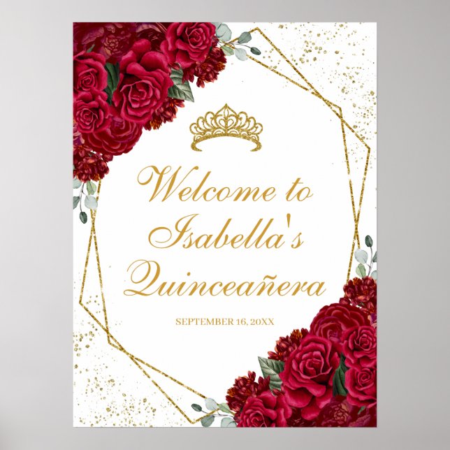 Red and Gold Floral Quinceanera Welcome Poster (Front)