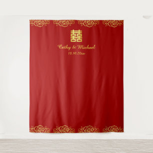 Red and gold floral rose chinese wedding backdrop tapestry