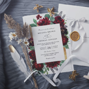 Red and Gold Floral Rustic Chic QR Code Wedding  Invitation