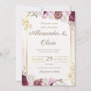 Red and Gold Floral Rustic Elegant White Wedding Invitation