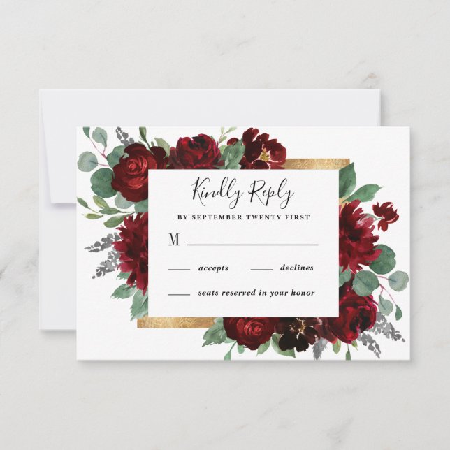 Red and Gold Floral Rustic Elegant White Wedding RSVP Card (Front)