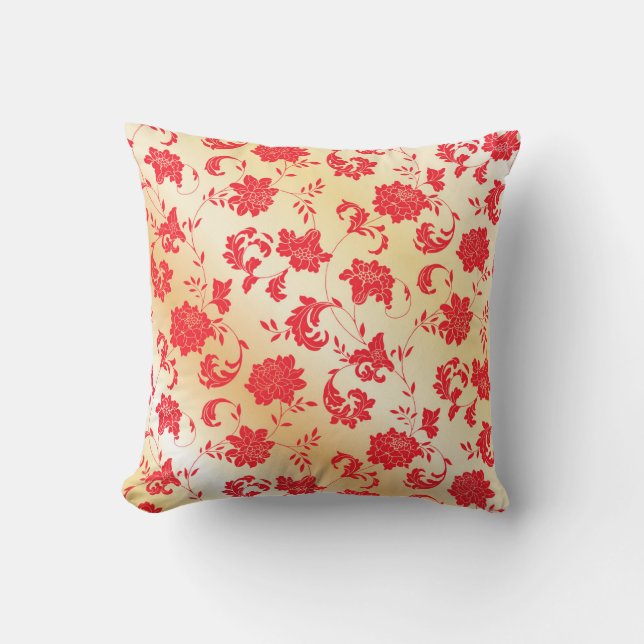 Red and Gold Floral Throw Pillow (Front)