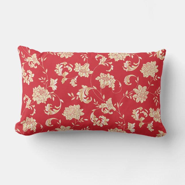 Red and Gold Floral Throw Pillow (Front)