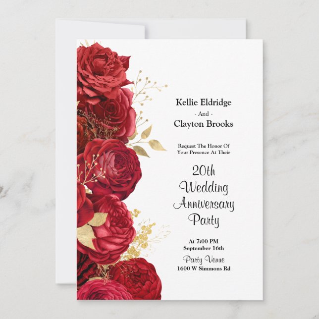Red And Gold Floral Wedding Anniversary Party Invitation (Front)