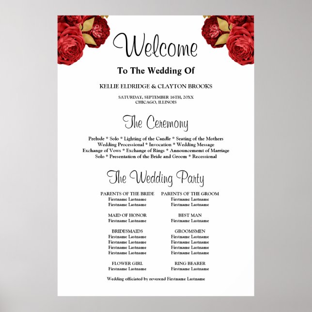 Red And Gold Floral Wedding Ceremony Program Sign (Front)