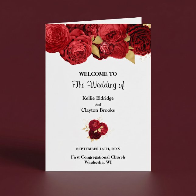 Red And Gold Floral Wedding Folded Program Programme (Creator Uploaded)