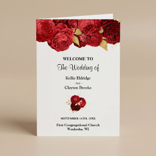 Red And Gold Floral Wedding Folded Program Programme