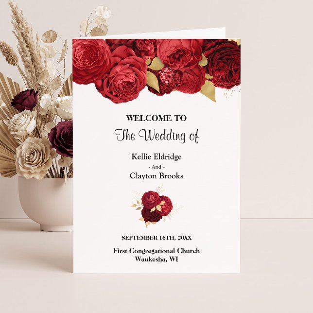Red And Gold Floral Wedding Folded Program Programme (Creator Uploaded)