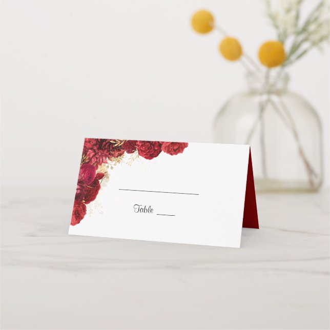 Red And Gold Floral Wedding Guest Name Place Card (Front)
