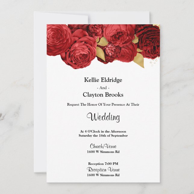 Red And Gold Floral Wedding Invitation (Front)