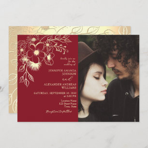 Red and Gold Floral Wedding Photo Invitation