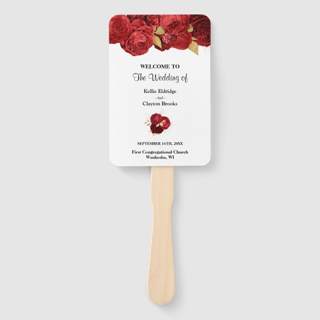 Red And Gold Floral Wedding Program Hand Fan (Front)