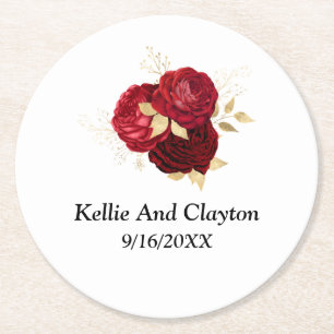 Red And Gold Floral Wedding Round Paper Coaster