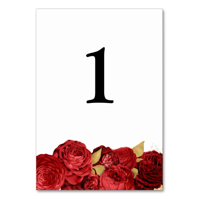 Red And Gold Floral Wedding Table Number Card (Front)