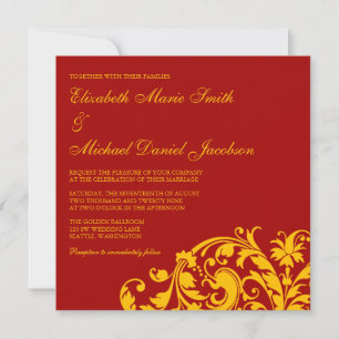 Red and Gold Flourish Swirl Wedding Invitation