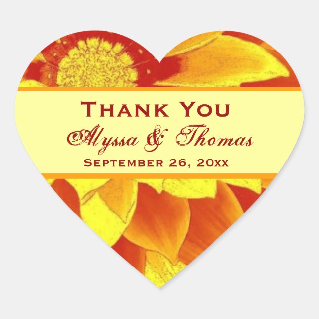 Red and Gold Flower Wedding Thank You Heart Sticker (Front)