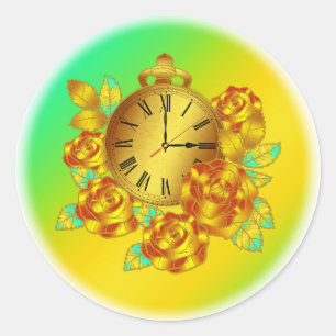 Red and Gold Flowers and Antique Clock Classic Round Sticker