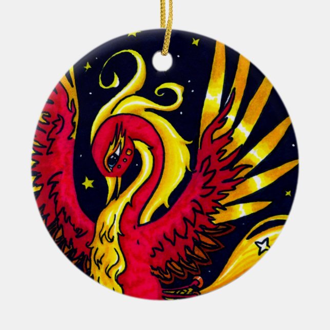 Red and Gold flying phoenix Ceramic Tree Decoration (Front)