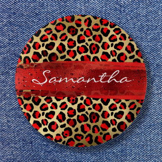 Red and Gold Foil Leopard Brush Stroke 6 Cm Round Badge