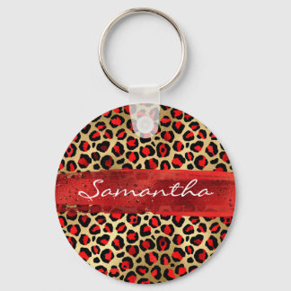 Red and Gold Foil Leopard Brush Stroke Key Ring