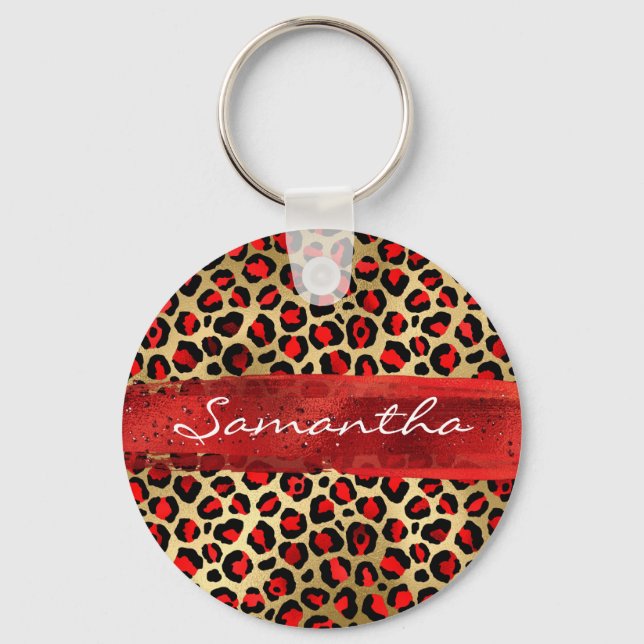 Red and Gold Foil Leopard Brush Stroke Key Ring (Front)