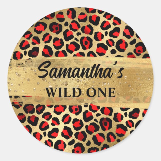 Red and Gold Foil Leopard Wild One Classic Round Sticker (Front)