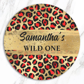 Red and Gold Foil Leopard Wild One Classic Round Sticker