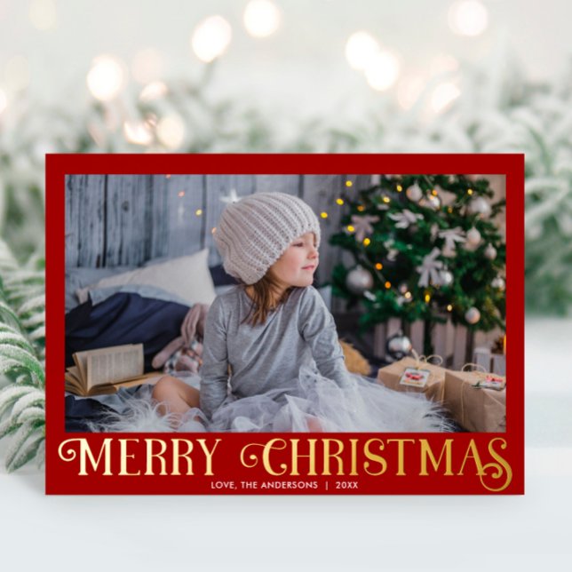 Red and Gold Foil Modern Merry Christmas photo Foil Holiday Card (Creator Uploaded)