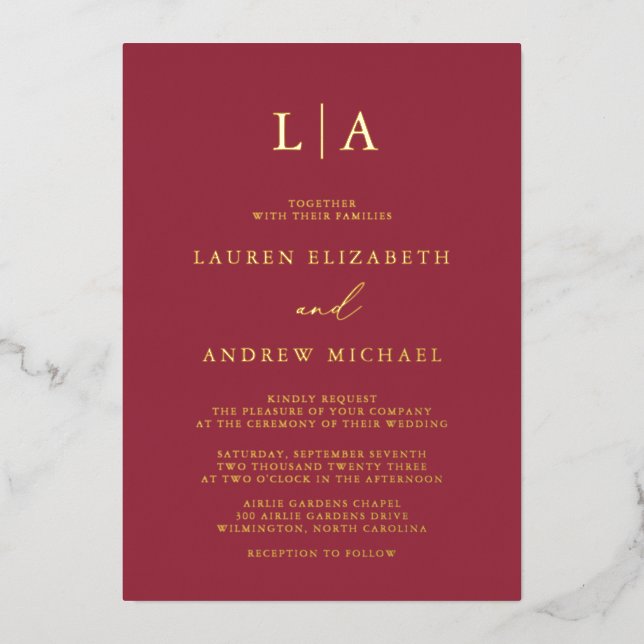 Red and Gold Foil Monogram Minimalist Wedding (Front)