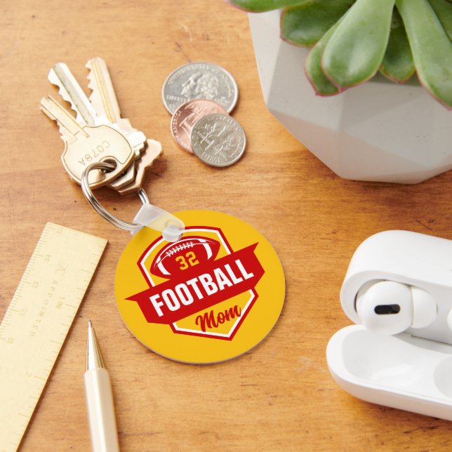 Red and Gold Football Mum Jersey Number Photo Key Ring (Desk)