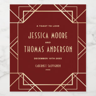 Red and Gold Gatsby Art Deco Custom Wedding Wine Label