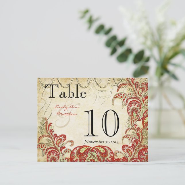 Red and Gold Gatsby Paisley Peacock Table Number Postcard (Standing Front)